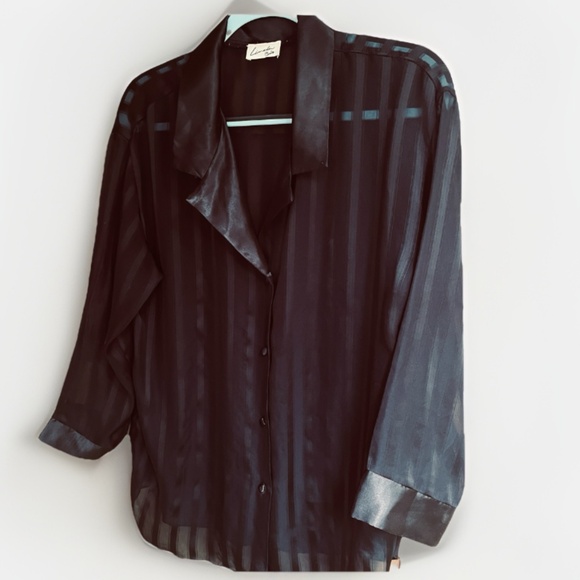 Linda Bis Montreal Rare Vintage 90s Black Night Robe Striped Silky Satin Collar - Picture 1 of 13